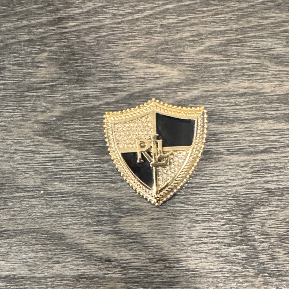 Ralph Lauren Gold Shield Pin broach with Black Enamel RL Initials